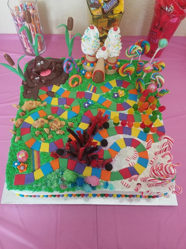 a table topped with a cake covered in lots of candies and other candy items