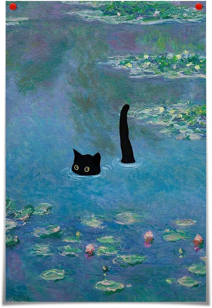 a painting of a black cat in the water with lily pads