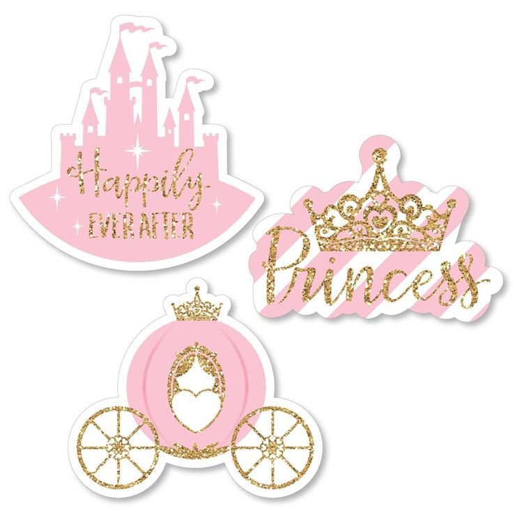 three pink and gold princess stickers, one with a tiara on the top