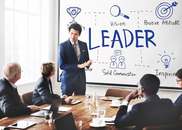 a man standing in front of a whiteboard giving a presentation to business people sitting at a table