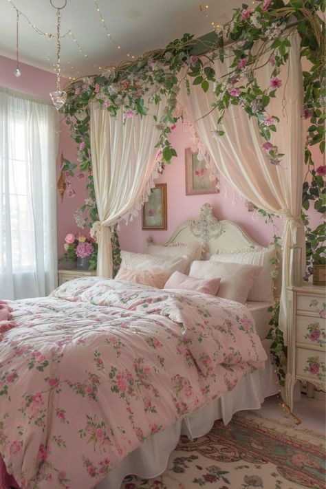 a bedroom with pink walls and floral bedding