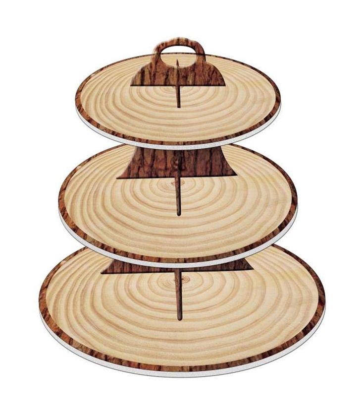 three tiered trays with wood slices on them