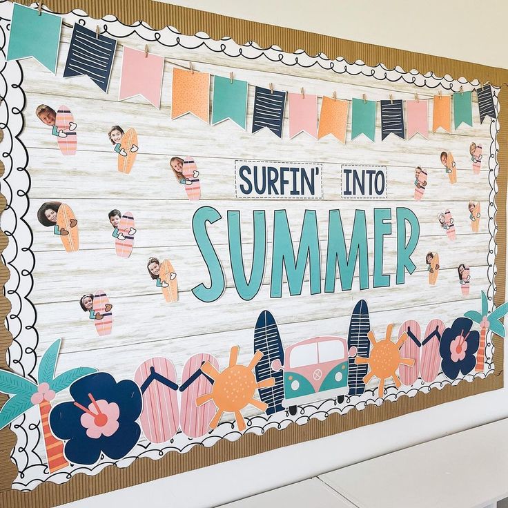 a bulletin board that says, surfin'into summer on the side of a wall