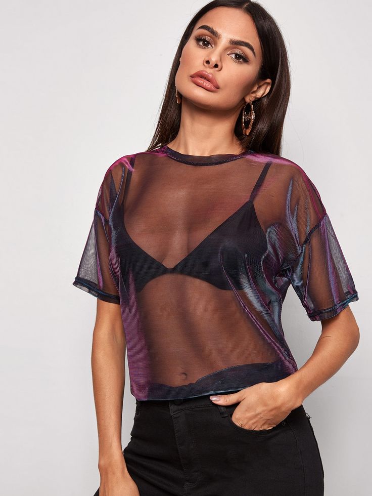 Metallic Sheer Mesh Dropped Shoulder Tee | SHEIN USA Sheer Mesh Top, Asymmetrical Hem Top, Without Bra, Mesh Crop Top, Drop Shoulder Tee, Cropped Tube Top, Flounce Sleeve, Sheer Sleeves, Half Sleeves