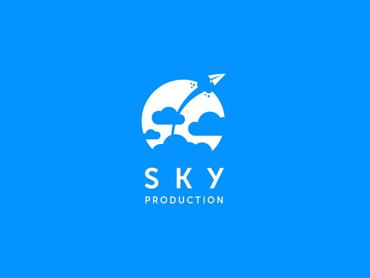 the sky production logo is shown on a blue background with clouds in the shape of an airplane