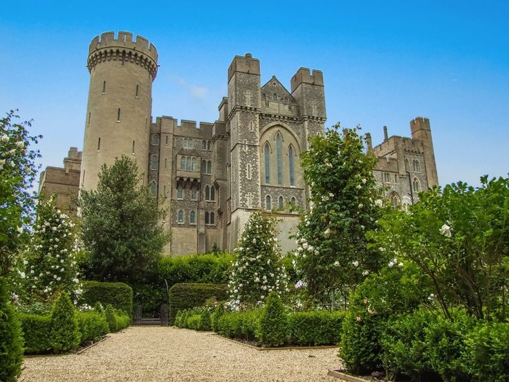 an old castle is surrounded by trees and bushes