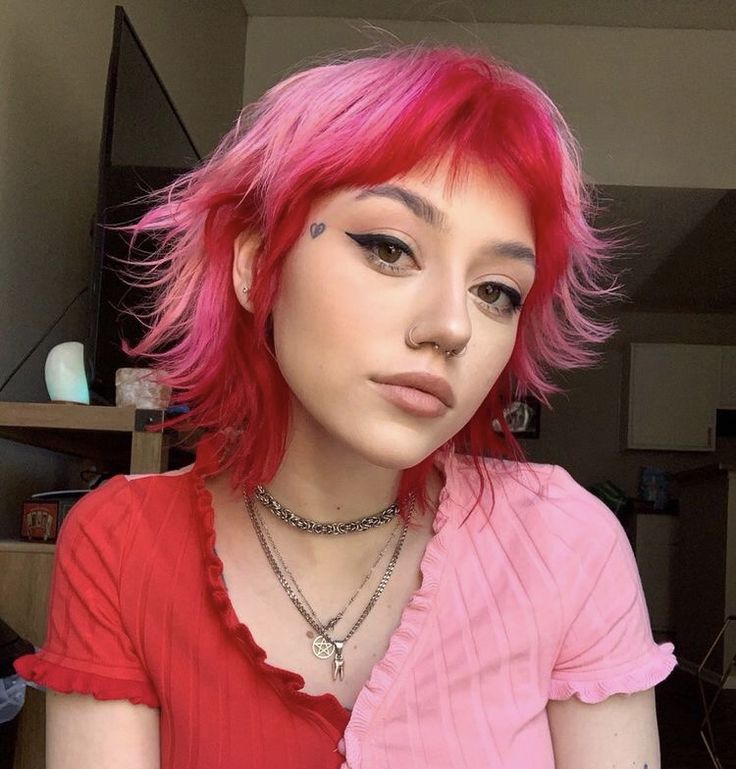 Pink Mullet Hairstyle Women, Double Dyed Hair, Red Pink Hair Short, Pink Over Red Hair, Red Split Hair Dye, Red To Pink Ombre Hair Short, Hayley Williams Pink And Orange Hair, Red Roots Pink Ends Hair, Hair Fashion Color Ideas