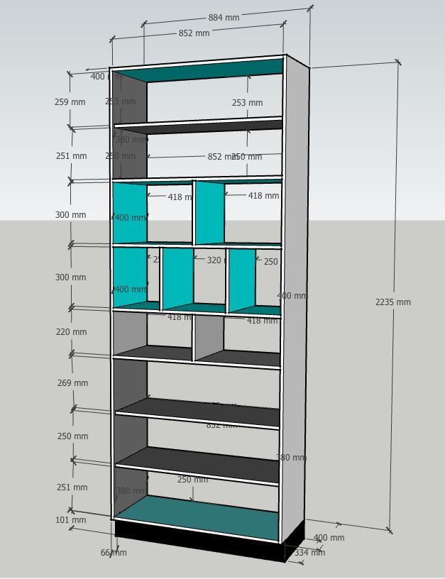 an image of a bookcase with measurements