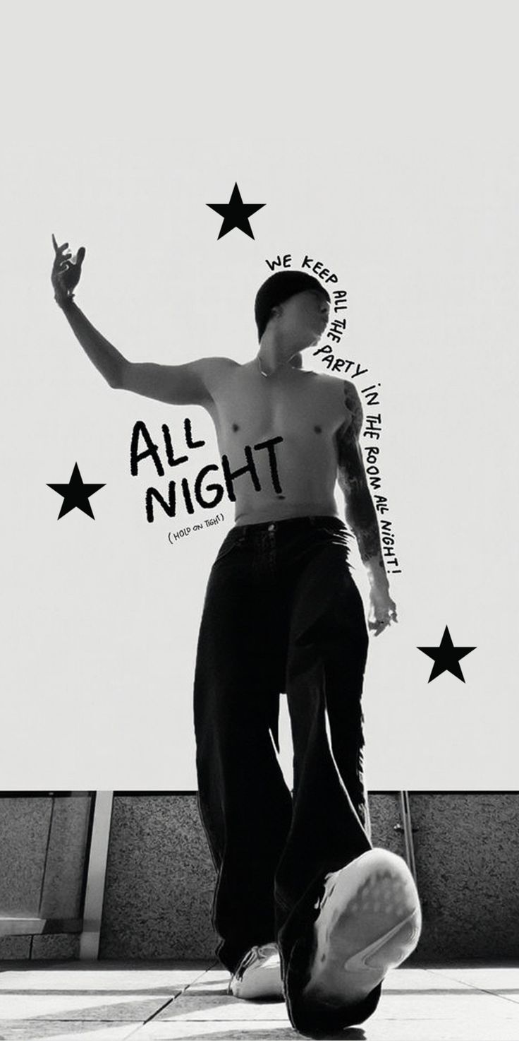 black and white photograph of a shirtless man with stars on his chest, standing in front of a sign that says all night