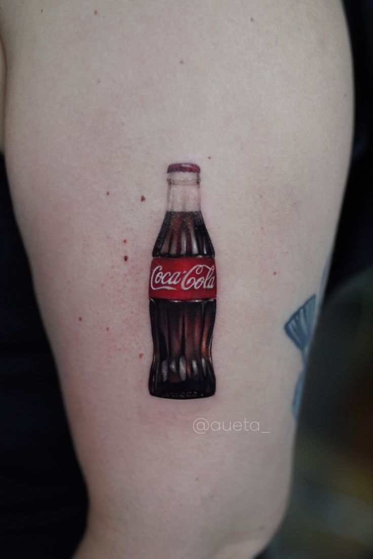 Coca cola bootle glass pepsi tattoo microrealism color tattoo small Coke Bottle Tattoo, Soda Tattoo, Coke Tattoo, Coca Cola Tattoo, Bottle Tattoo, Vintage Coke, Coca Cola Can, Patchwork Sleeve, No Pain No Gain