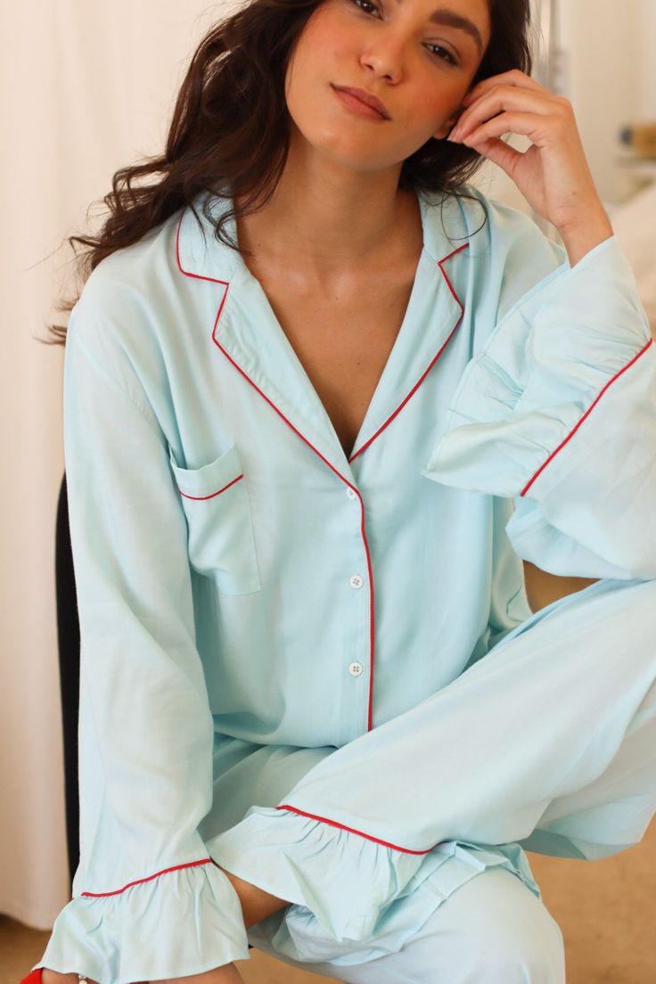 Our latest addition the day nap pajama, meant to be worn day and night! Featuring bamboo fabric, in gorgeous azo free dyes. Ruffles at the sleeve and the hem, elastic waist, and a super comfy fit. closes at the front with buttons. Machine wash ok. Model wears size S Cozy Pajamas Aesthetic, Blue Pajamas, Stylish Pajamas, Pajama Fashion, Bamboo Pajamas, Night Suit, Cute Pajamas, Night Wear, Bamboo Fabric