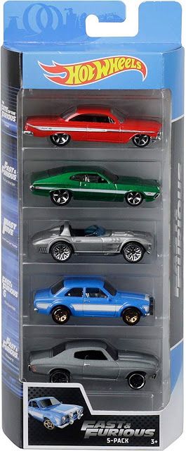 hot wheels car set with 6 cars in the package, including one red and one blue