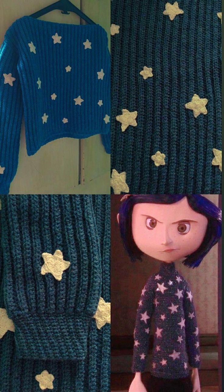 the doll is wearing a blue sweater with stars on it, and there are three pictures of her