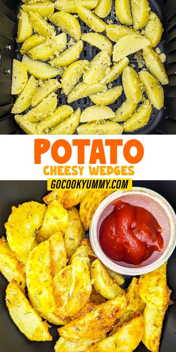 two pictures with different types of food in the bottom and on the top, there is an image of potato wedges next to some ketchup