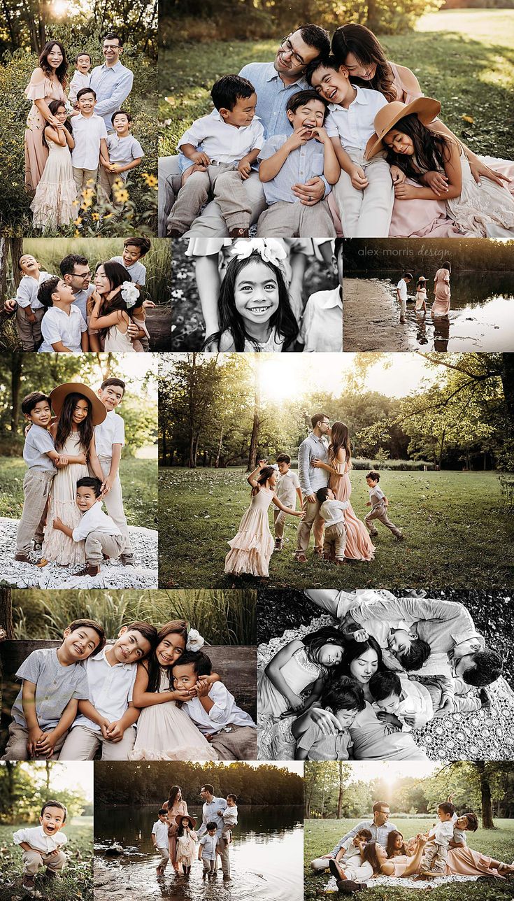 a collage of people posing for pictures in the grass with trees and water behind them