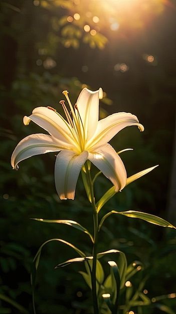 a white flower with the sun shining in the back ground and trees behind it,