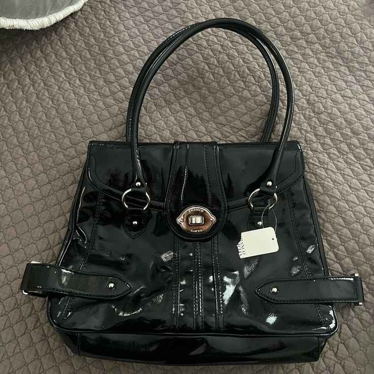 Nwt Franco Sarto Shoulder Bag With Patent Finish. Dimensions: H=11.5in L=15.5in D=4in Black Shoulder Bag With Hasp Closure For Everyday, Black Satchel With Hasp Closure, Office Satchel Bag With Silver-tone Hardware, Office Satchel With Silver-tone Hardware, Modern Satchel With Hasp Closure For Shopping, Formal Black Bag With Hasp Closure, Black Shoulder Bag With Double Handle And Hasp Closure, Black Shoulder Bag With Hasp Closure And Double Handle, Chic Black Satchel With Hasp Closure