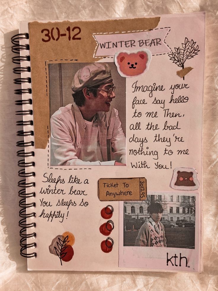 a scrapbook with an image of a man in winter gear and writing on it