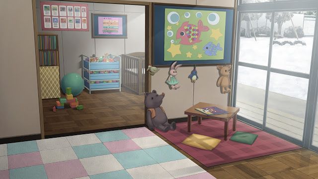 a child's bedroom is shown with toys on the floor and paintings on the wall