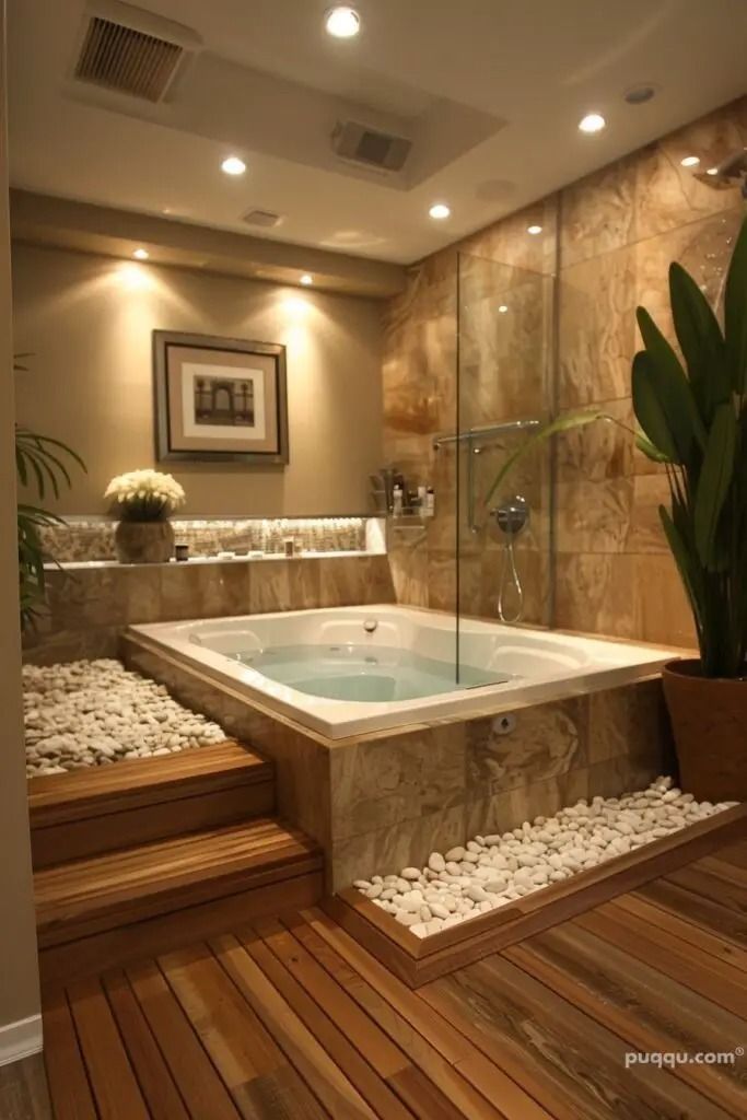 an indoor jacuzzi tub in the middle of a wood floored bathroom with lights on