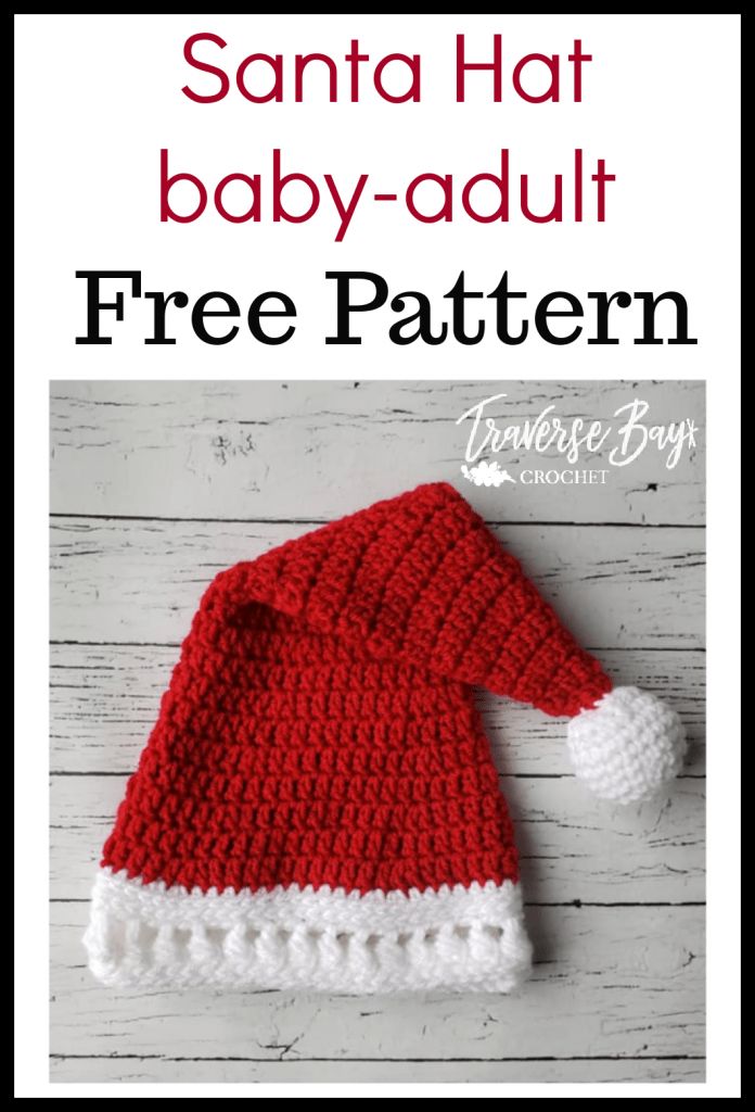 a red and white knitted santa hat with text that reads, santa hat baby - adult free pattern