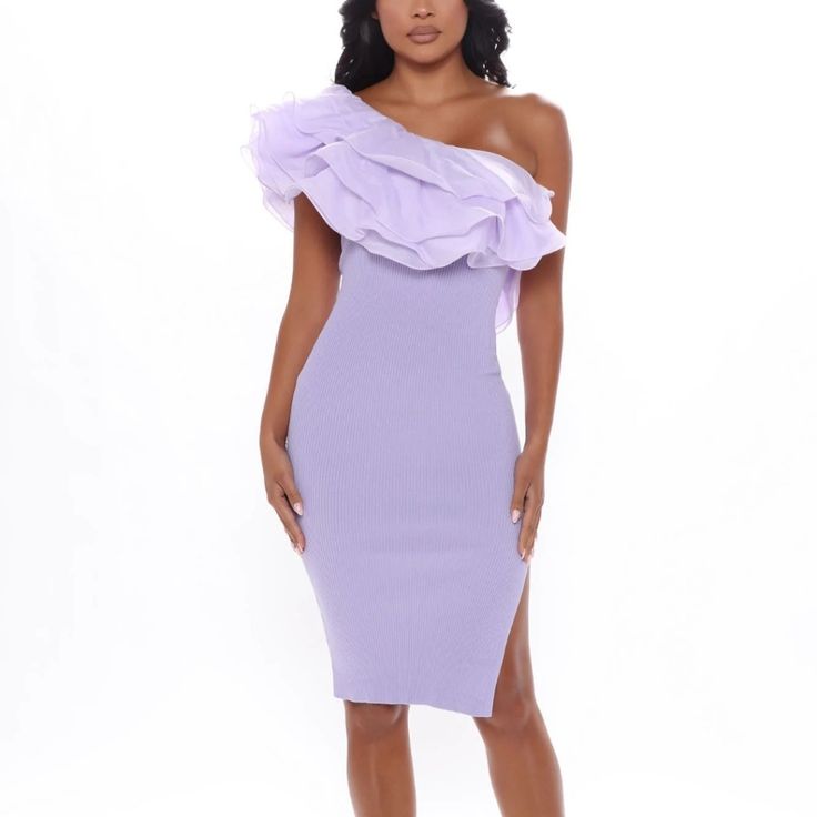 Fashion Nova Lavender/Purple Dress. Never Worn Still Has Tags. Midi Dress. Lavender Dress Black Women, Lavender Ruffled Dress For Party, Lavender Party Dress With Ruffles, Lavender Ruffled Party Dress, Purple Fitted One-shoulder Dress, Fitted One-shoulder Purple Dress, Purple One Shoulder Mini Dress For Night Out, Purple One Shoulder Evening Mini Dress, Chic Purple Mini Length Dresses