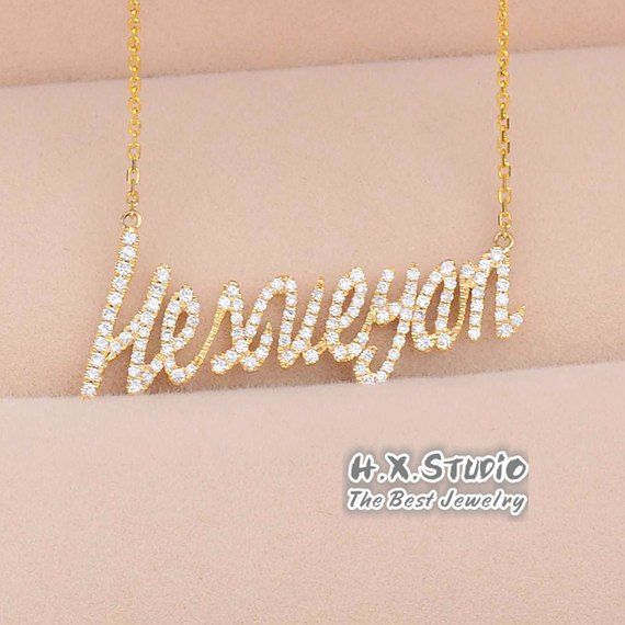 HX Jewelry: Diamond Nameplate Necklace in Solid 18k Gold/Personalized Name Necklace/Custom Fine Jewelry/Personalization Design/Gift for Women and Girls < I T E M ∙ S P E C I F I C A T I O N S > * Metal Type: Solid 18k Gold (14k/9k Gold or Platinum available upon request) * Metal Color: 18k White Gold, 18k Yellow Gold, or 18k Rose Gold (you can choose) * Diamond Type: Genuine, Natural, 100% Conflict Free Diamonds * Diamond Color: F-G * Diamond Clarity: VS/SI * Diamond Weight: Varies accordi Luxury Diamond Nameplate Necklace Gift, Diamond Name Necklace, Colored Diamond Jewelry, Script Necklace, Men Cave, Unicorn Pendant, Diamond Tiara, 18k Gold Chain, Aura Colors