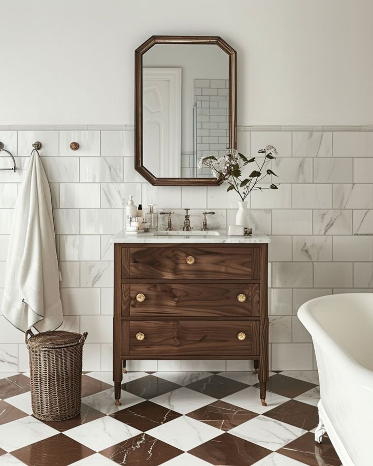 a bathroom with a checkered tile floor and white walls, along with a wooden vanity