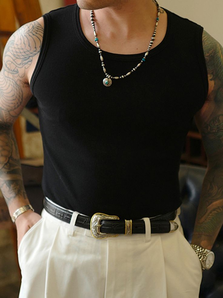 Black Tank Tops Outfit, White Tank Top Outfit, Black Vest Outfit, Vest Outfits Men, Tank Outfit, Sleeveless Outfit, Tank Top Outfits, Mens Outfit Inspiration, Cool Outfits For Men