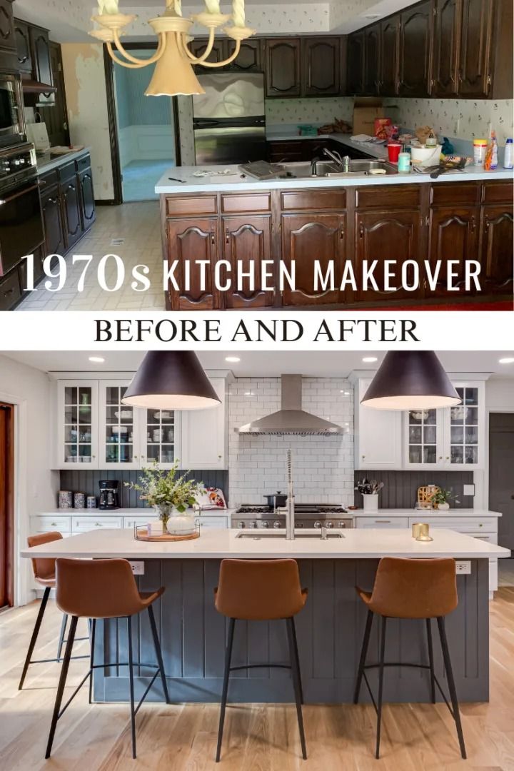 before and after photos of a kitchen remodel in the same room as an open floor plan