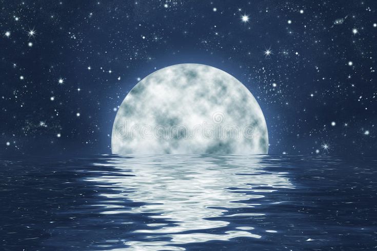 a full moon rising over the ocean with stars in the sky and water around it