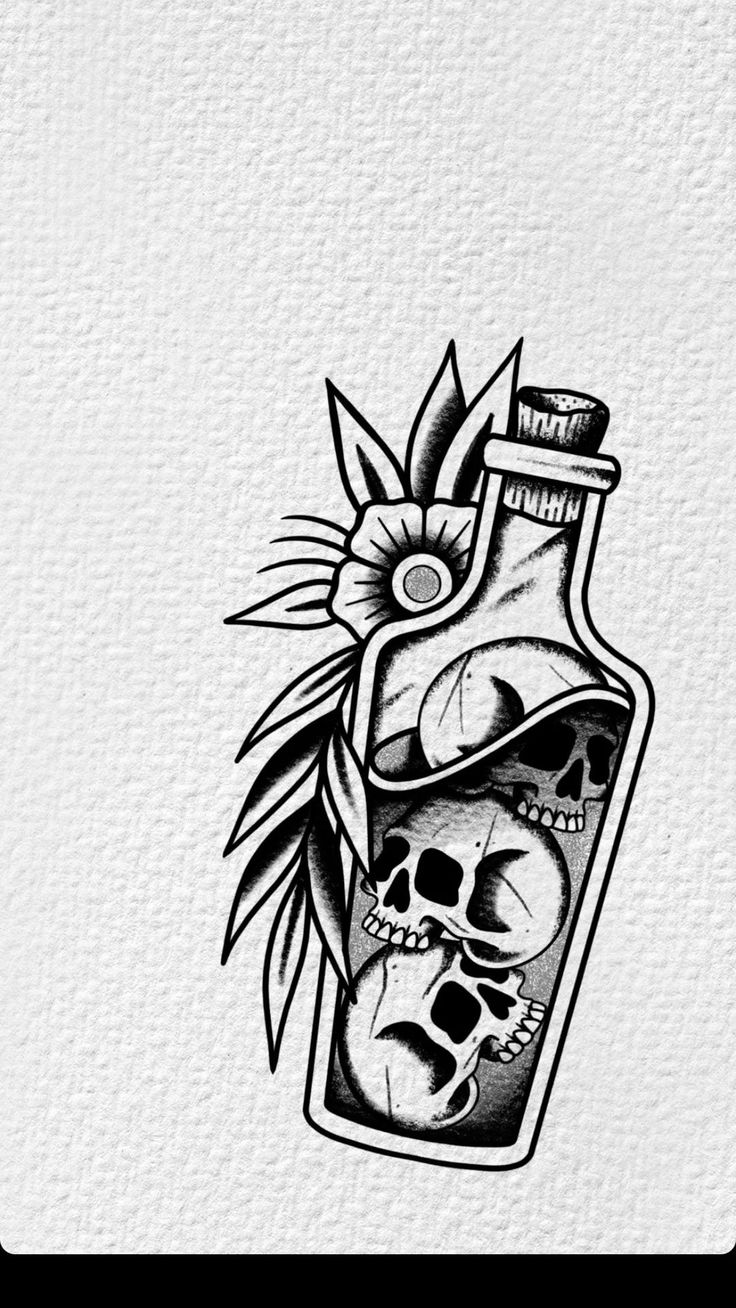 a bottle with skulls and flowers in it on a white paper background that says, i love