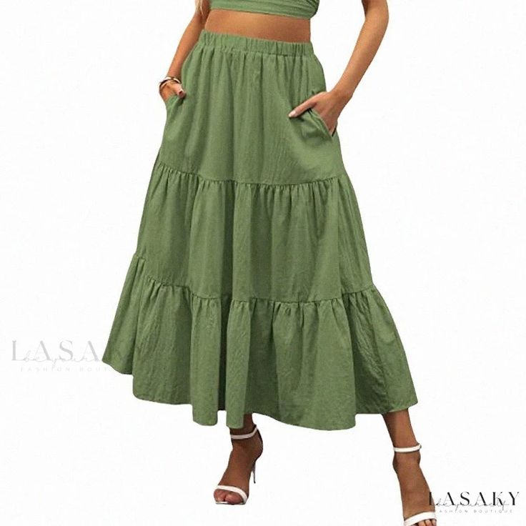 Lasaky - Chic Pleated A-Line Long Skirt with Elegant Draping and Pockets Long Beach Skirt, Cute Maxi Skirts, Pink Skirts, Green Midi Skirt, Womens Maxi Skirts, Beach Skirt, Summer Boho, Classic Chic, Women Maxi