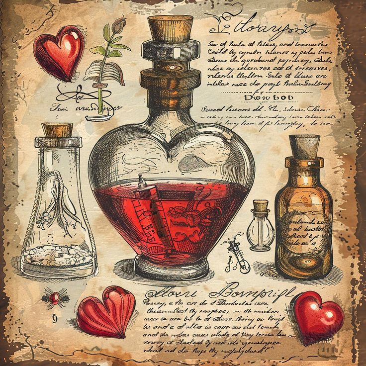 an old paper with some bottles and hearts on it