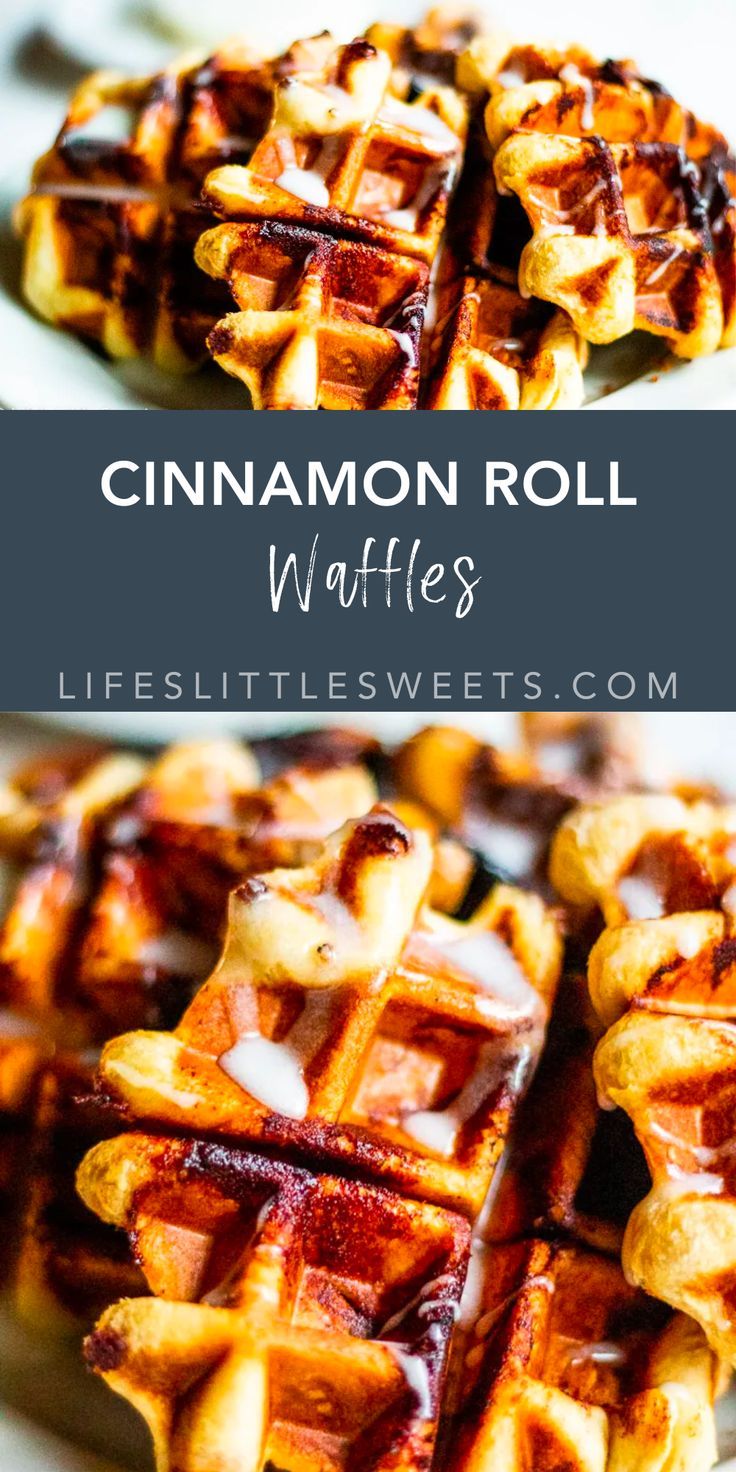 cinnamon roll waffles on a plate with syrup drizzled over them