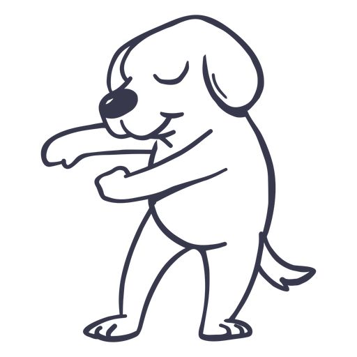 a black and white drawing of a dog with its paw in his mouth, looking at something