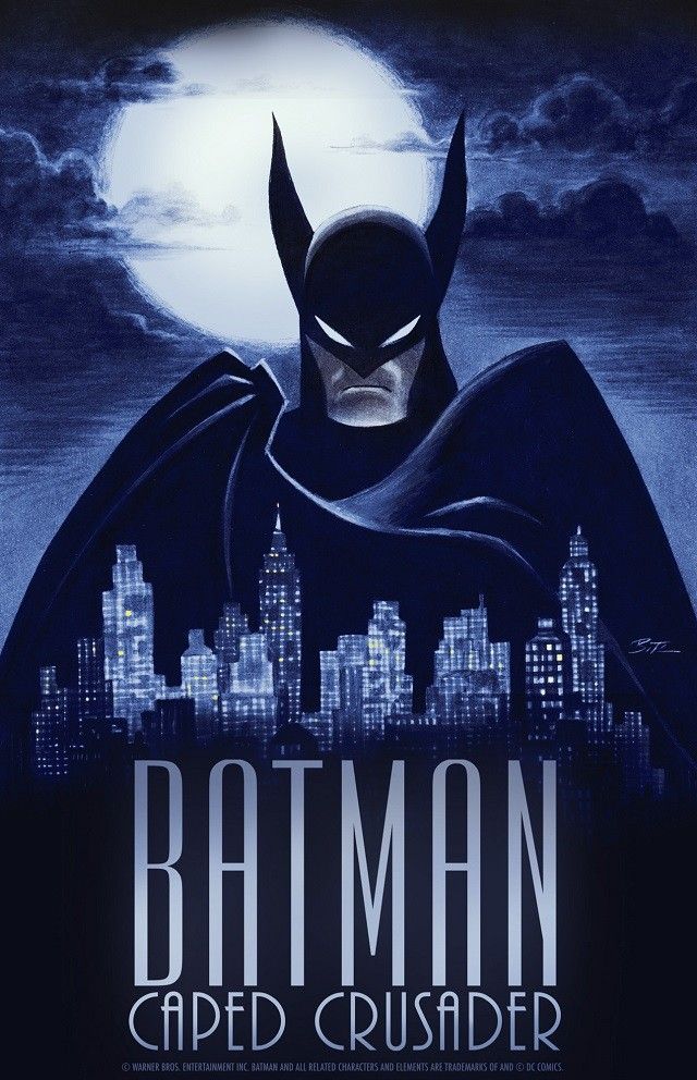 the batman caped crusader movie poster is shown in front of a cityscape