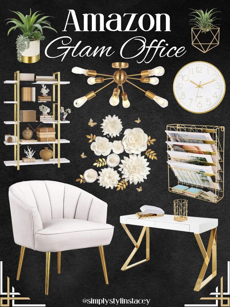 Glam Home Office White And Gold, White And Gold Office Desk, Black White Gold Home Office, White Gold Black Office, Glam Classroom Decor, White And Gold Desk Office, Black White And Gold Home Office, Home Office Gold Accents, Office Decor Gold Accents