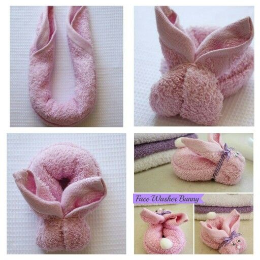 four pictures of pink slippers with bunny ears and bows on the top, one has a stuffed animal inside