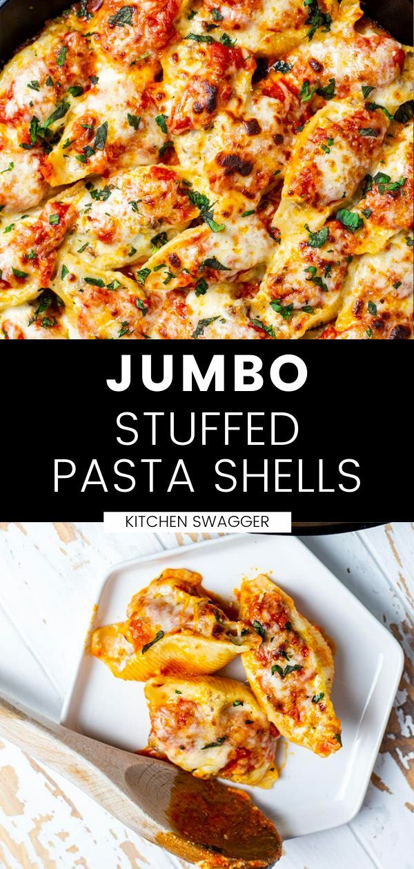 the recipe for stuffed pasta shells is shown in this collage with text overlay