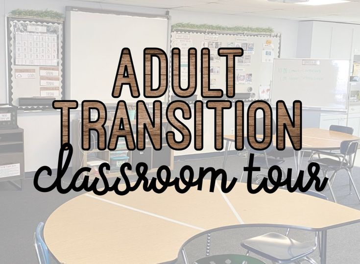 an adult transition classroom tour with chairs, desks and chalkboard on the wall