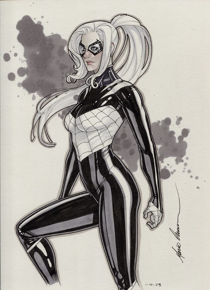 a black and white drawing of a woman in catwoman costume with her legs spread out