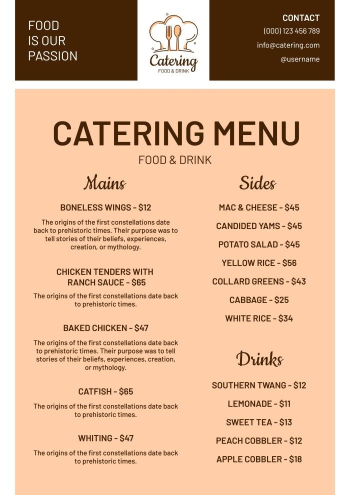 a menu for a catering restaurant