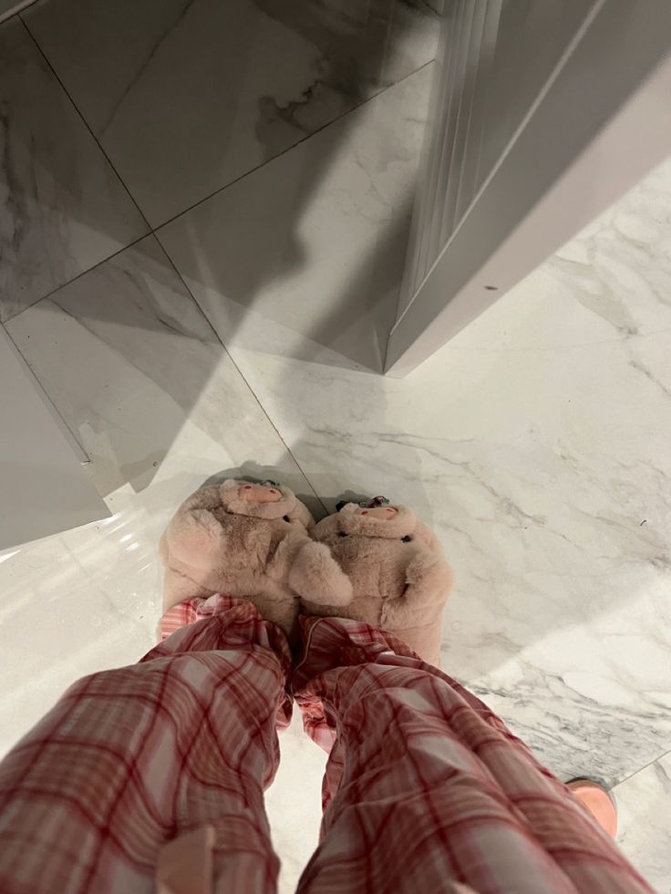 pig, slippers, pink, plaid, pajamas Teddy Bear Slippers Aesthetic, Pig Slippers, Slippers