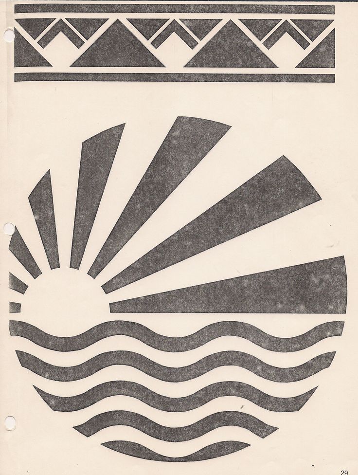 the sun is rising above the water in this black and white drawing with geometric shapes