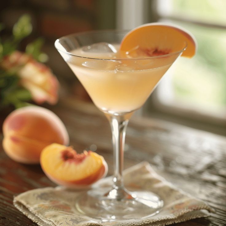 a glass filled with liquid sitting on top of a table next to peaches and an orange slice