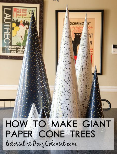 three paper cone trees with the title how to make giant paper cone trees at easy colonial