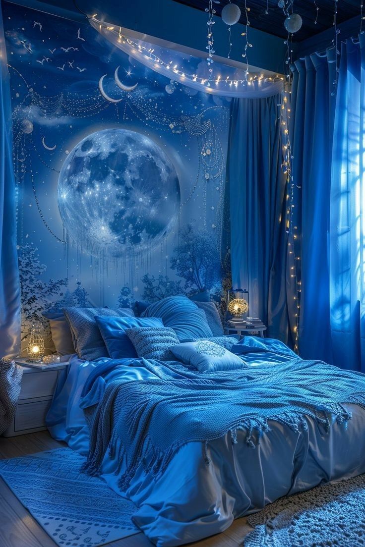 a bedroom with blue curtains and lights on the ceiling, in front of a full moon