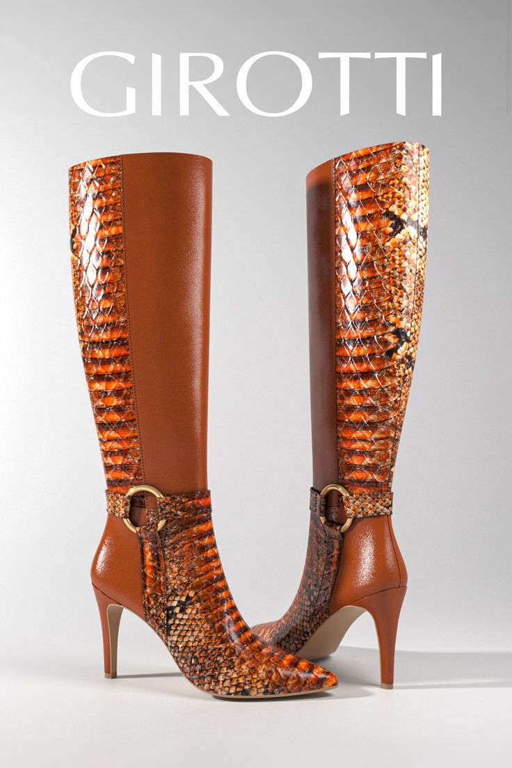 An exquisite twist on timeless knee-high boots! Crafted with luxurious snake leather details, these boots bring bold elegance to any look. A truly standout pair that’s ready to make an impression. 🤎 Orange Leather High Heel Boots, Cognac Heels, Funky Shoes, Snake Leather, Everyday Shoes, Unique Shoes, Pointed Toe Heels, Signature Look, Stylish Shoes