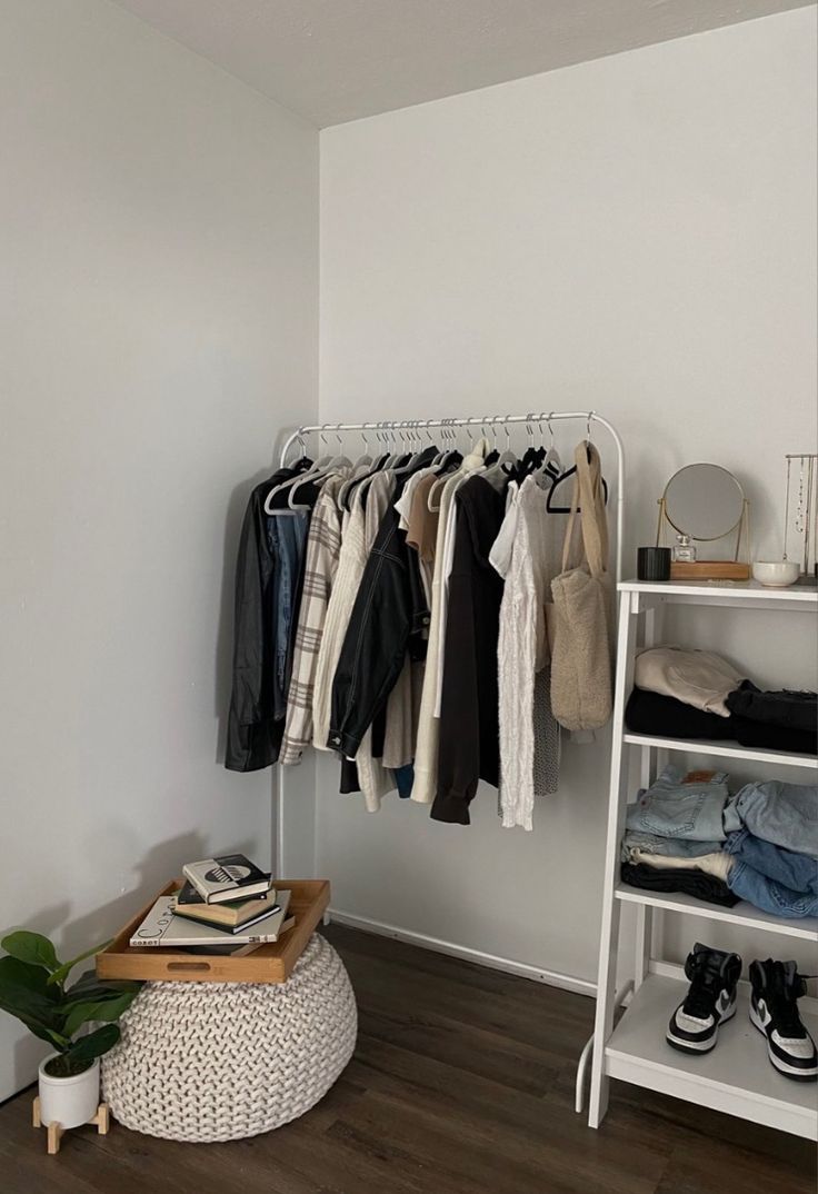 a white closet with clothes and shoes hanging on the rack, next to a potted plant